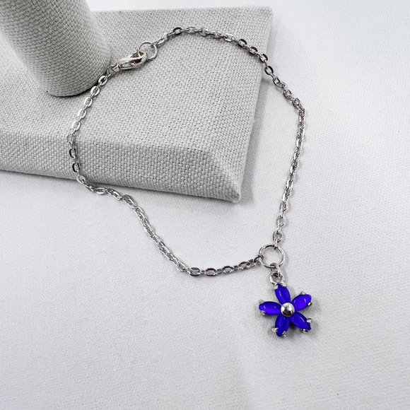 Blue Cats Eye Flower Charm Shiny Silver Tone 9” Bracelet / Anklet - Picture 2 of 6